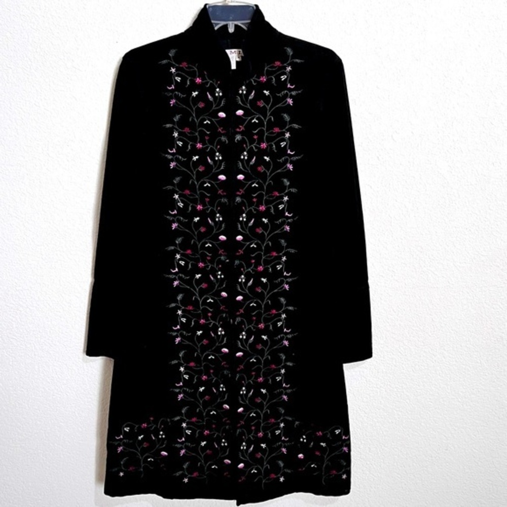 A.M.I. Black Embroidered Micro Corduroy Midi Tail Coat Jacket Medium
